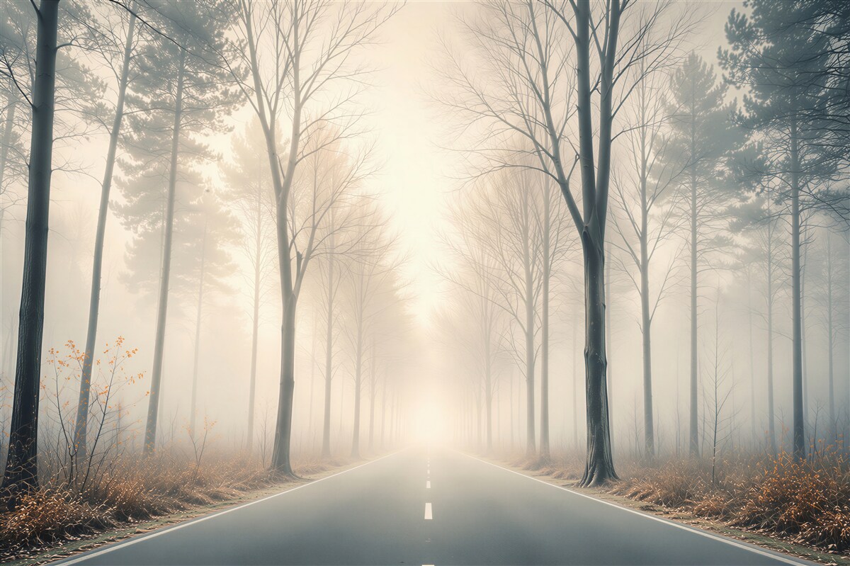 Fototapeten Straße im Nebel in einem ruhigen Wald bei Sonnenaufgang