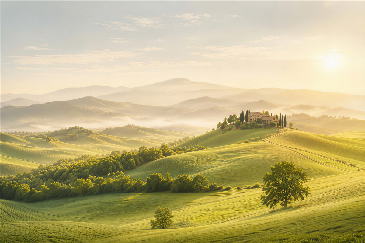 Fototapeten sonnige Hügel und malerische Landschaft in Pastellfarben