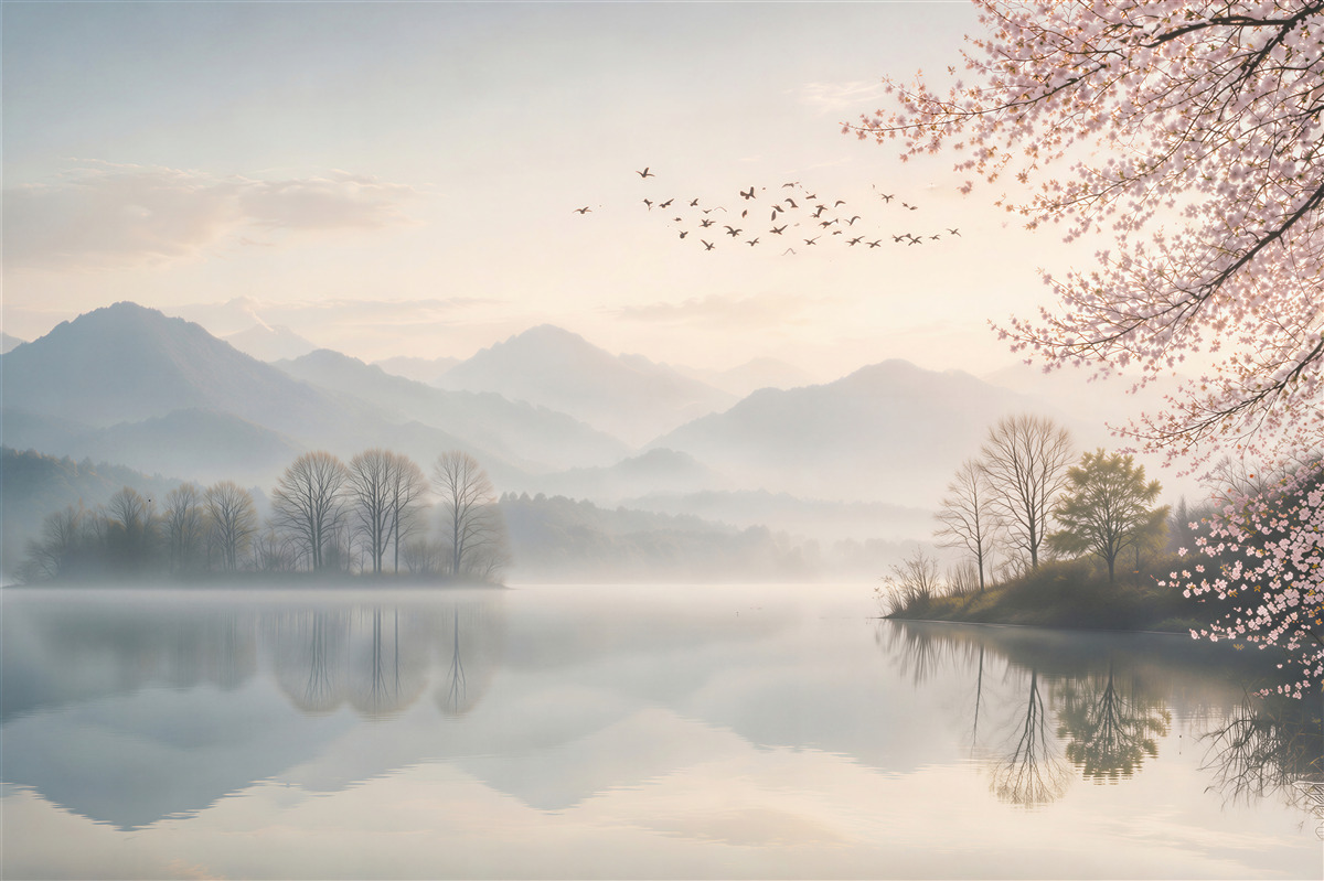 Fototapeten See mit Bergen und blühender Kirschbaum am Morgen