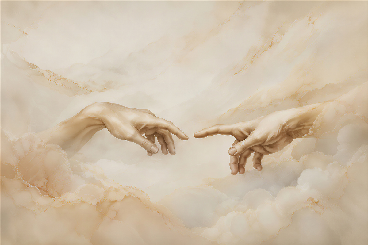Fototapeten Hände in beigen Wolken inspiriert von einem klassischen Fresko