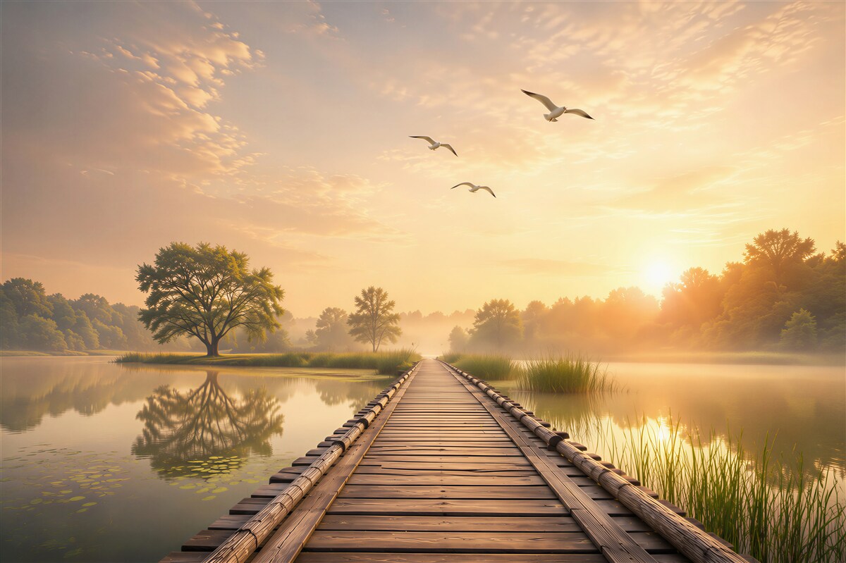 Fototapeten Steg am See bei Sonnenaufgang ruhige Landschaft