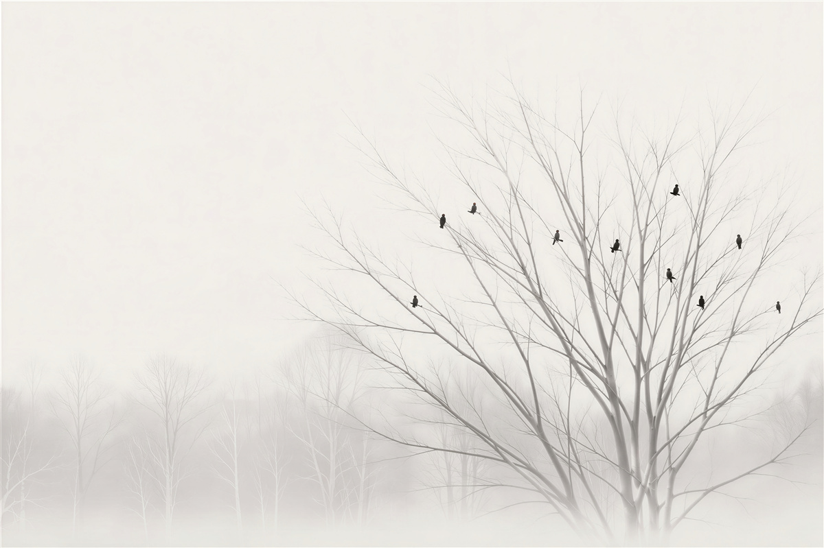Fototapeten Vögel auf nackten Ästen in zarter minimalistischer Nebel