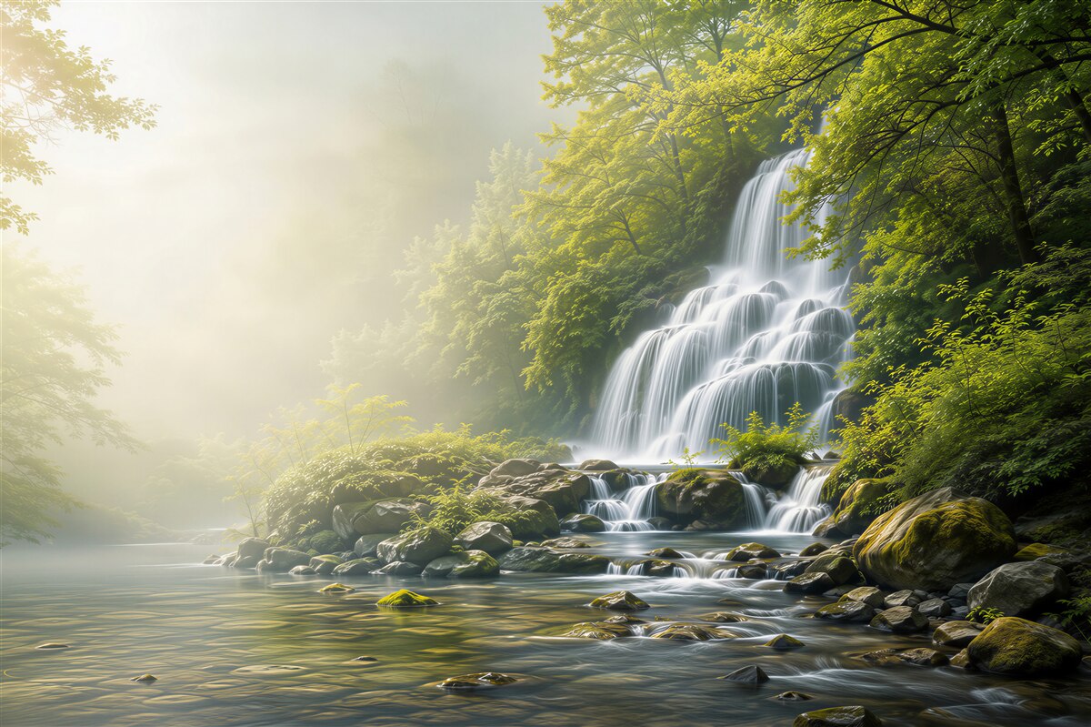 Fototapeten Wasserfall im grünen Wald mit Sonnenstrahlen entspannend