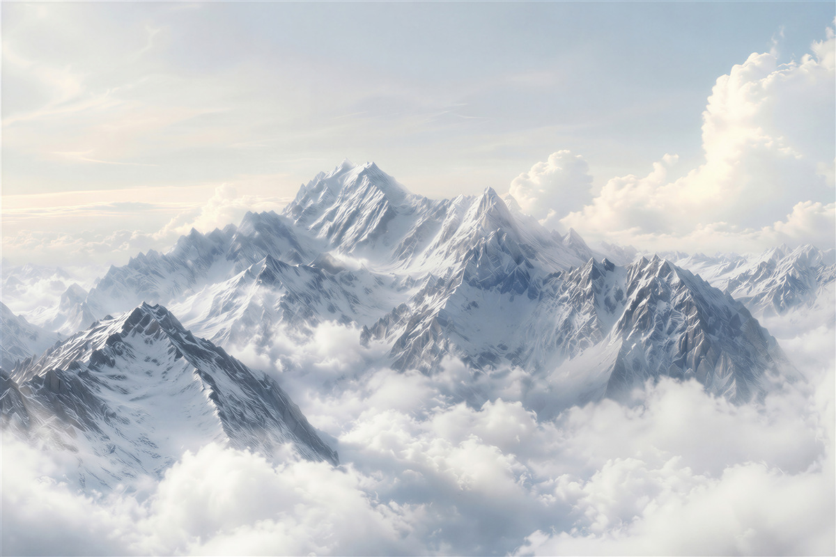 Fototapeten verschneite Berge über den Wolken hell für ein modernes Wohnzimmer