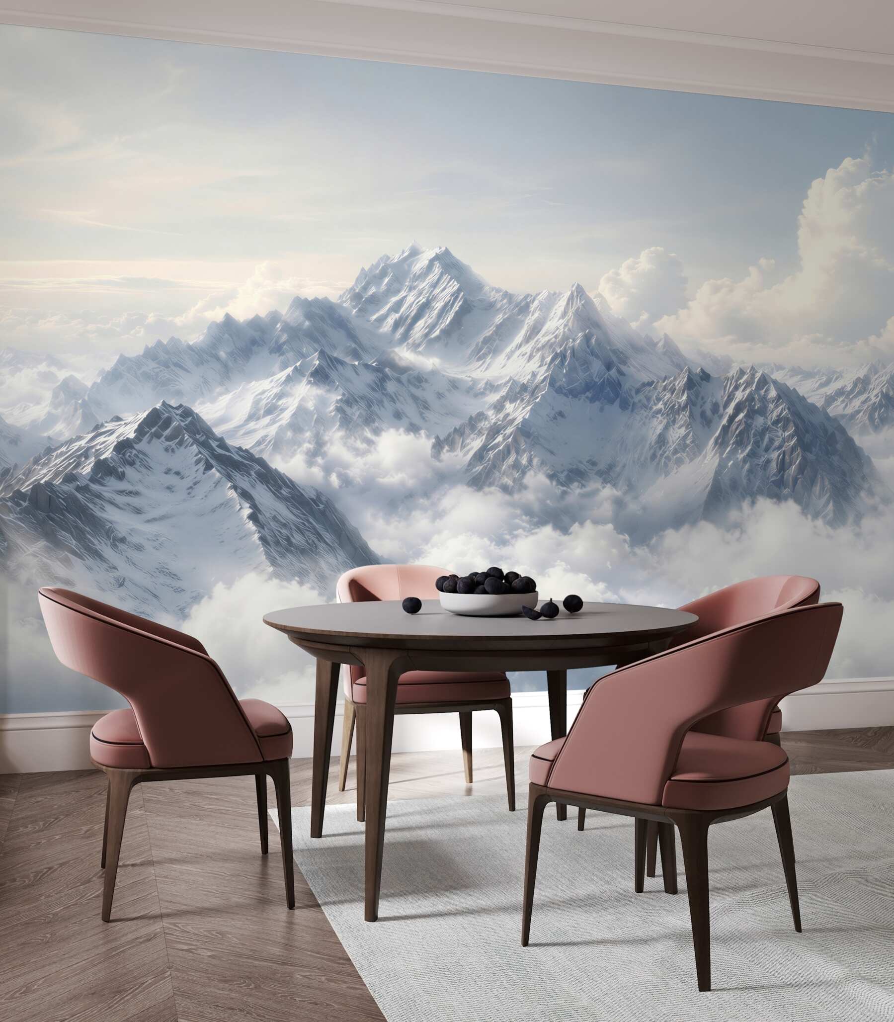 Fototapeten verschneite Berge über den Wolken hell für ein modernes Wohnzimmer