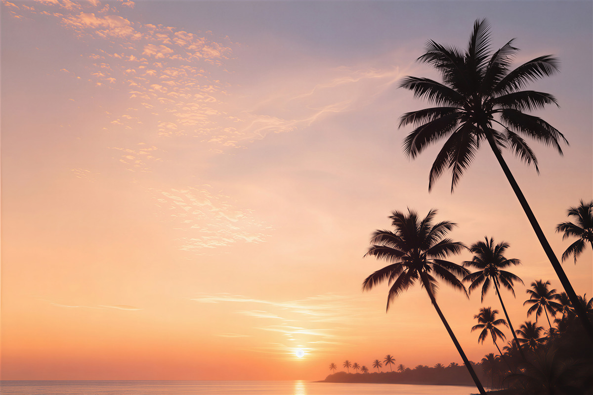 Fototapeten Palmen bei Sonnenuntergang am Meer tropische Landschaft