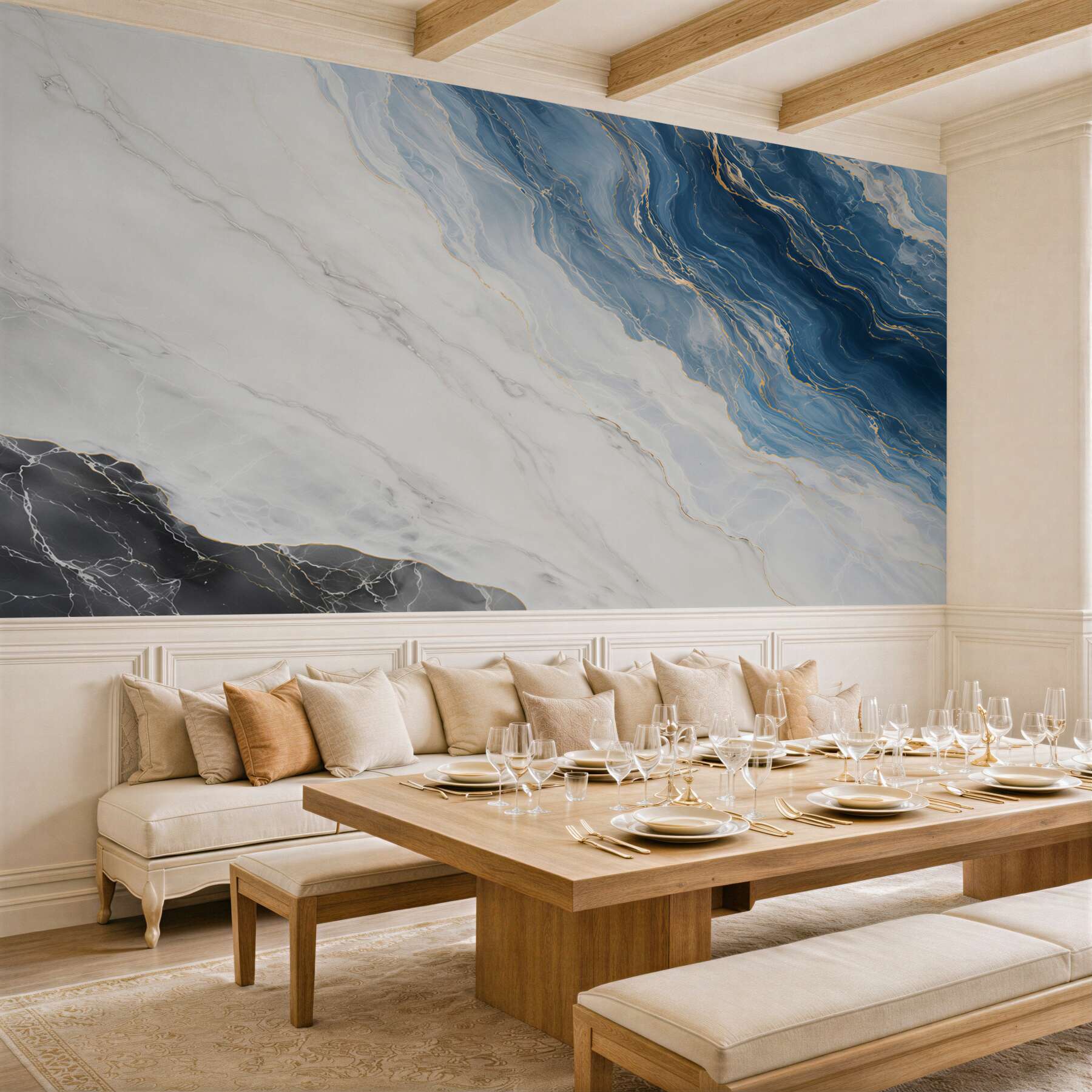 Fototapeten moderner weißer blauer Marmor mit goldenen Adern