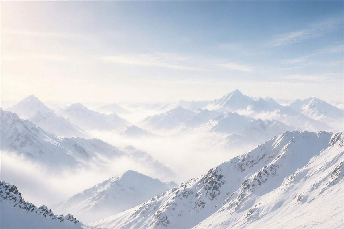 Fototapeten verschneite Berge im Nebel panoramische Winterlandschaft