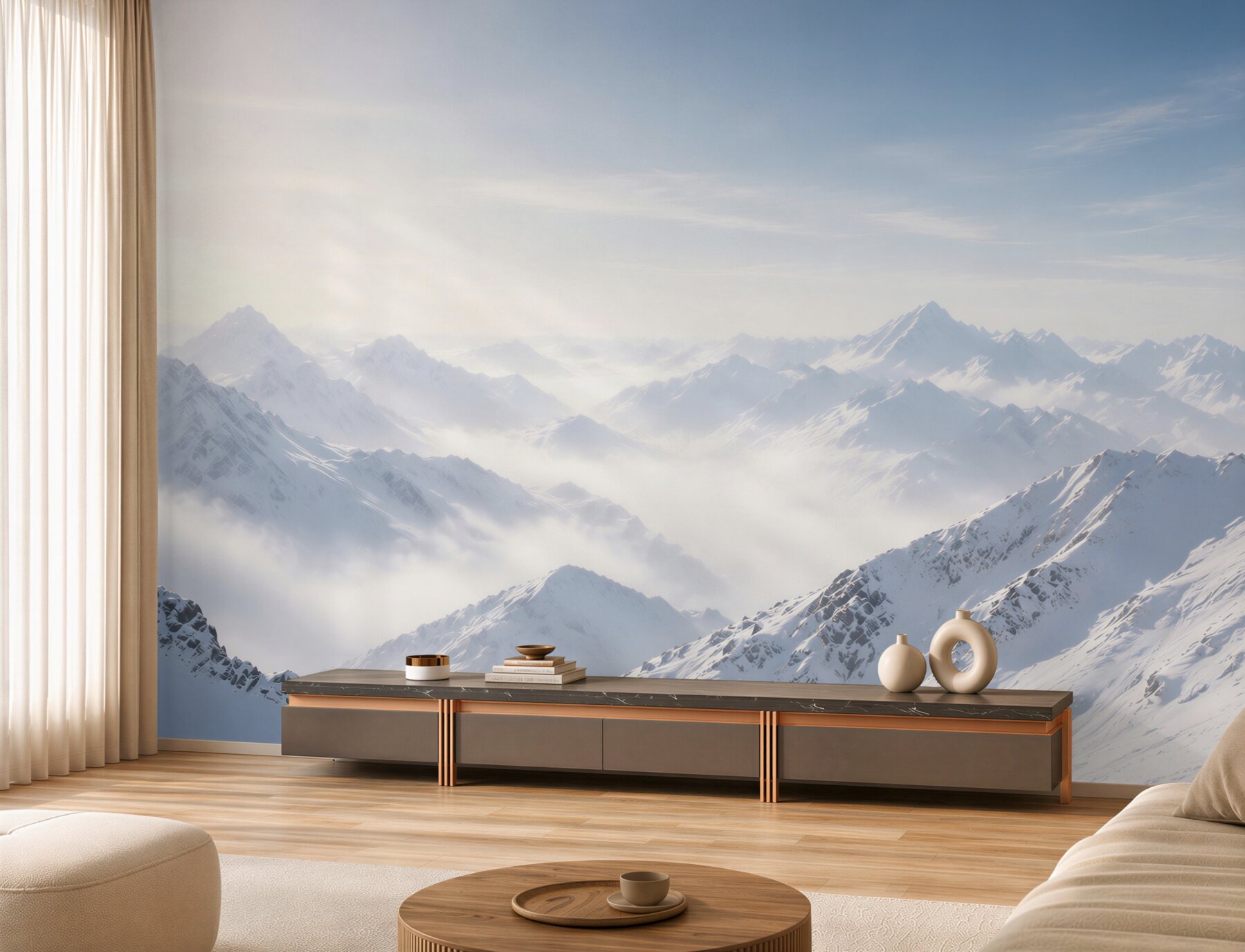 Fototapeten verschneite Berge im Nebel panoramische Winterlandschaft