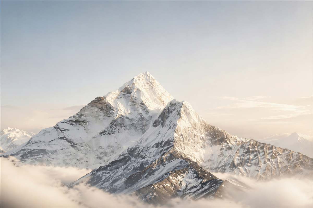 Fototapeten verschneiter Berggipfel über den Wolken im goldenen Licht