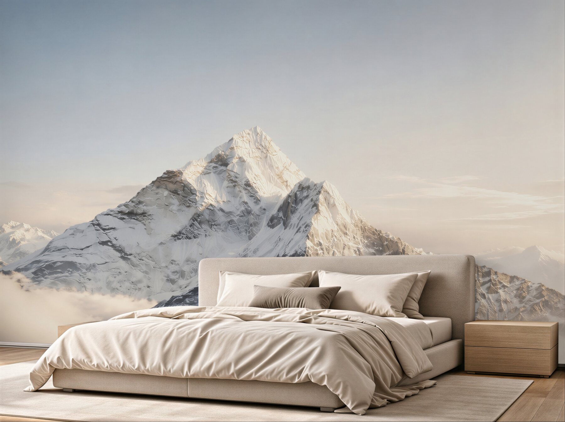 Fototapeten verschneiter Berggipfel über den Wolken im goldenen Licht
