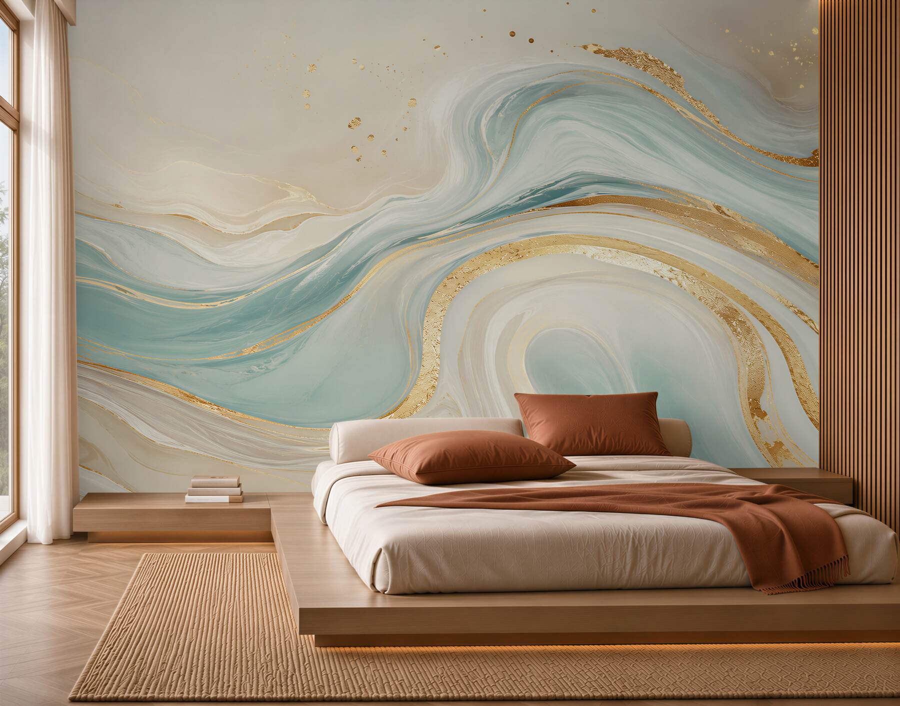 Fototapeten abstrakte marmorierte Wellen blau beige mit goldenen Akzenten