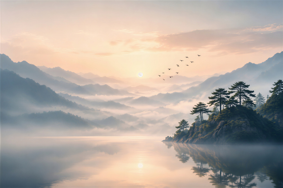 Fototapeten See bei Sonnenaufgang im Nebel mit Bergen und Kiefern