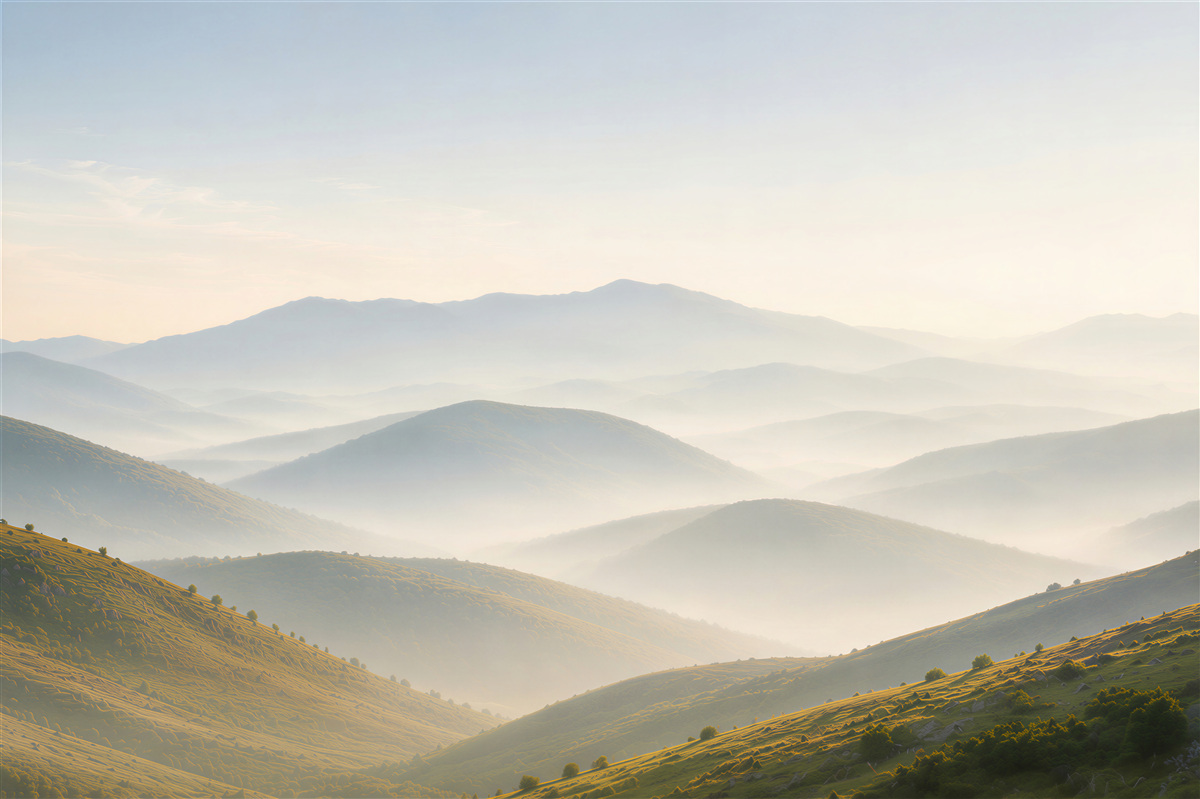 Fototapeten Berghügel im Morgennebel für ein ruhiges Interieur