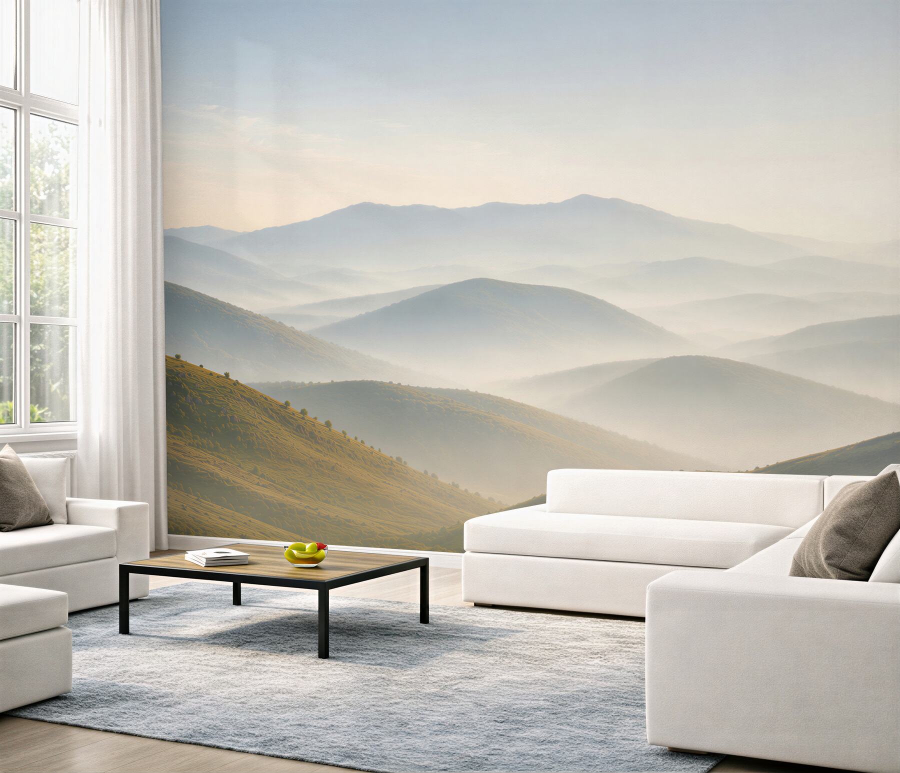 Fototapeten Berghügel im Morgennebel für ein ruhiges Interieur