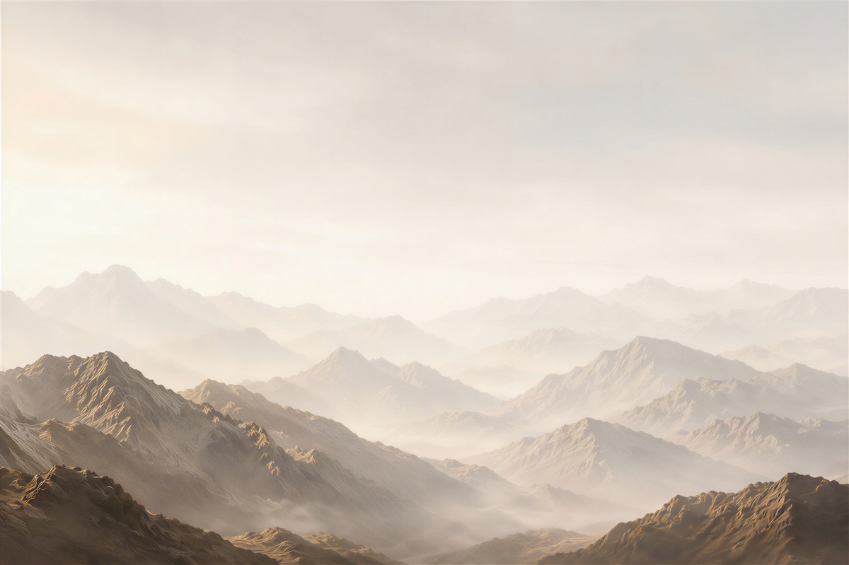 Fototapeten Berge im Nebel bei Tagesanbruch in beigen Tönen