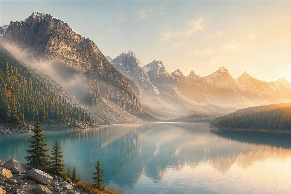 Fototapeten Bergsee mit Wald und Gipfeln bei Sonnenaufgang
