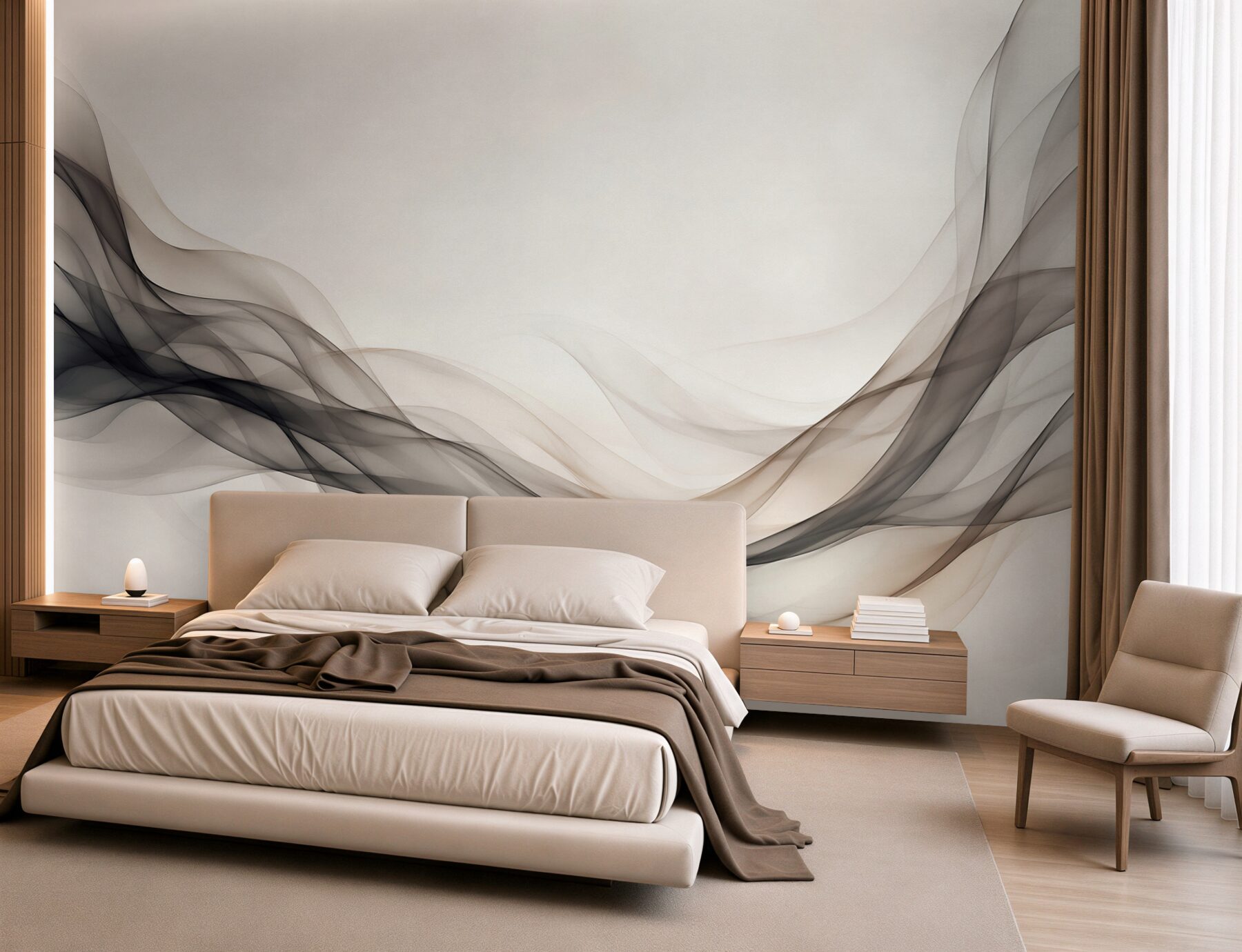 Fototapeten moderne beige und graue abstrakte Wellenlinien