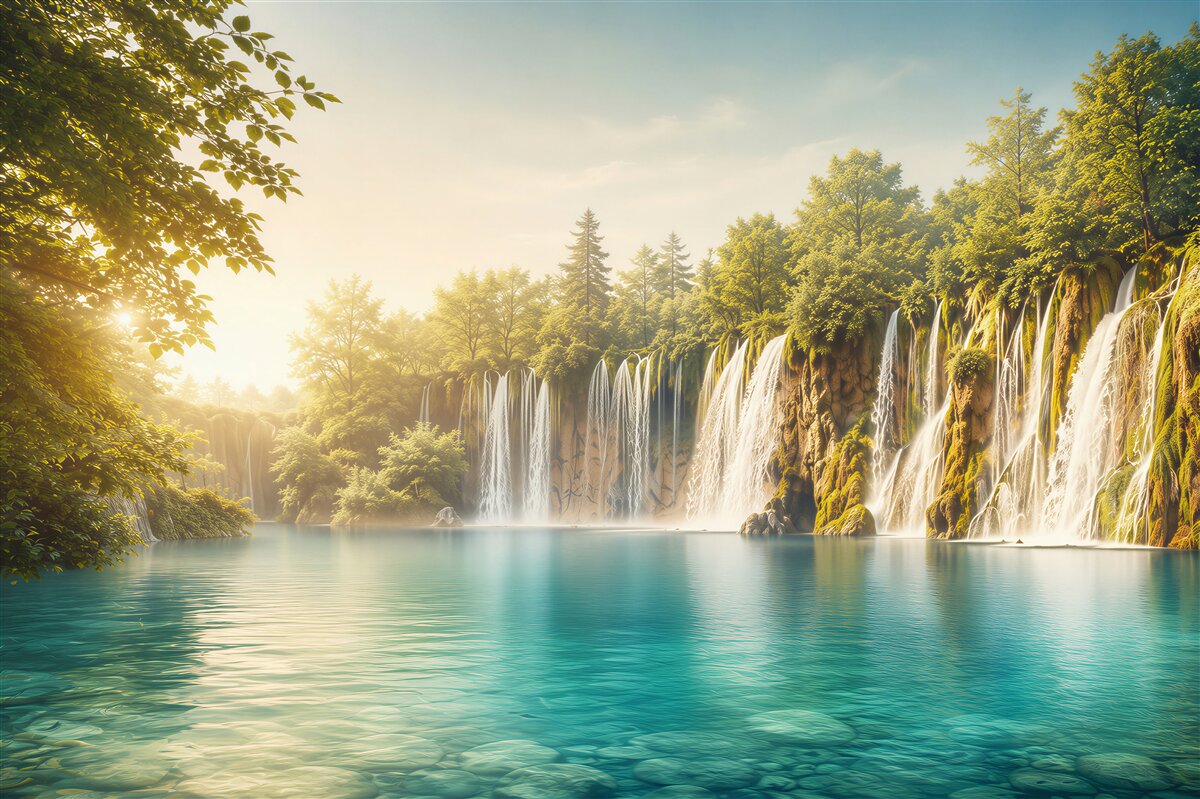 Fototapeten türkisfarbenes Wasser und Wasserfälle in einem sonnigen Wald