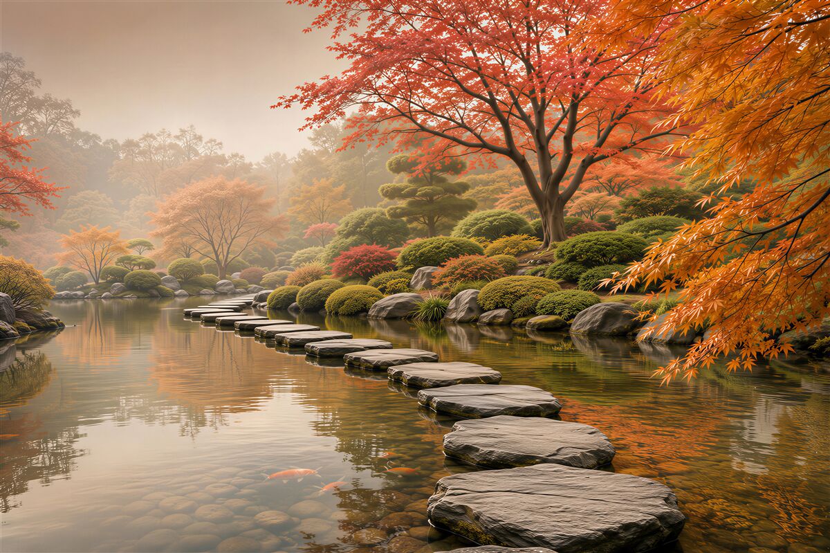 Fototapeten japanischer Herbstgarten mit Steinweg über dem Teich
