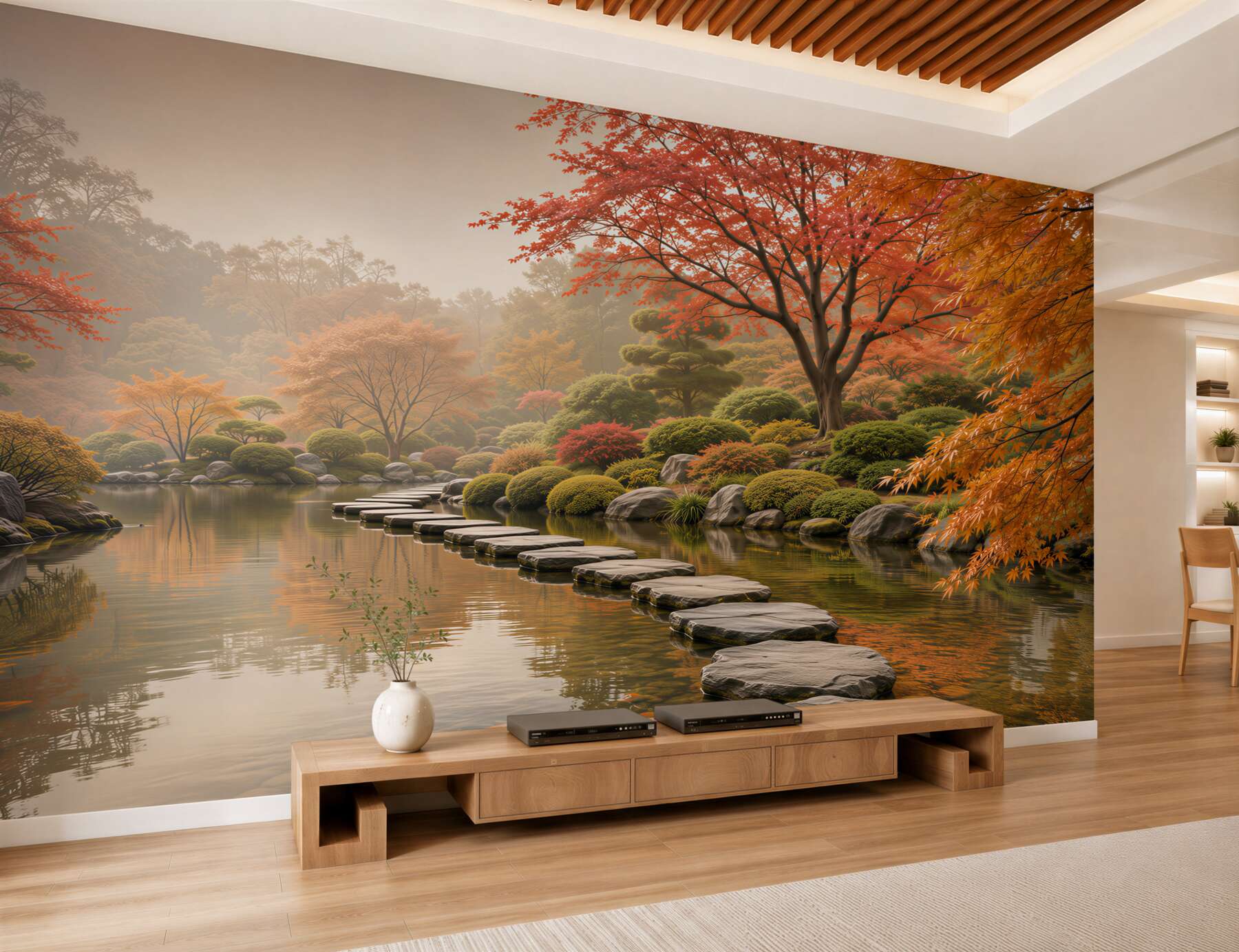 Fototapeten japanischer Herbstgarten mit Steinweg über dem Teich