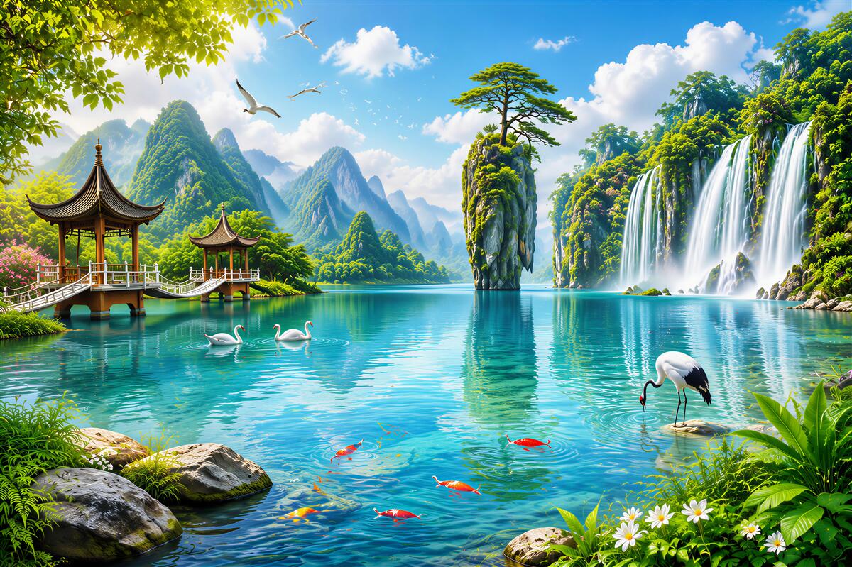 Fototapeten Wasserfälle und türkisfarbene Seen in einer orientalischen Landschaft