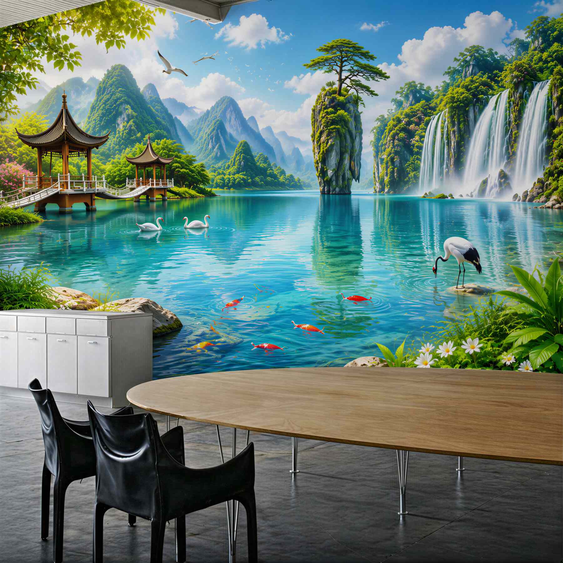 Fototapeten Wasserfälle und türkisfarbene Seen in einer orientalischen Landschaft