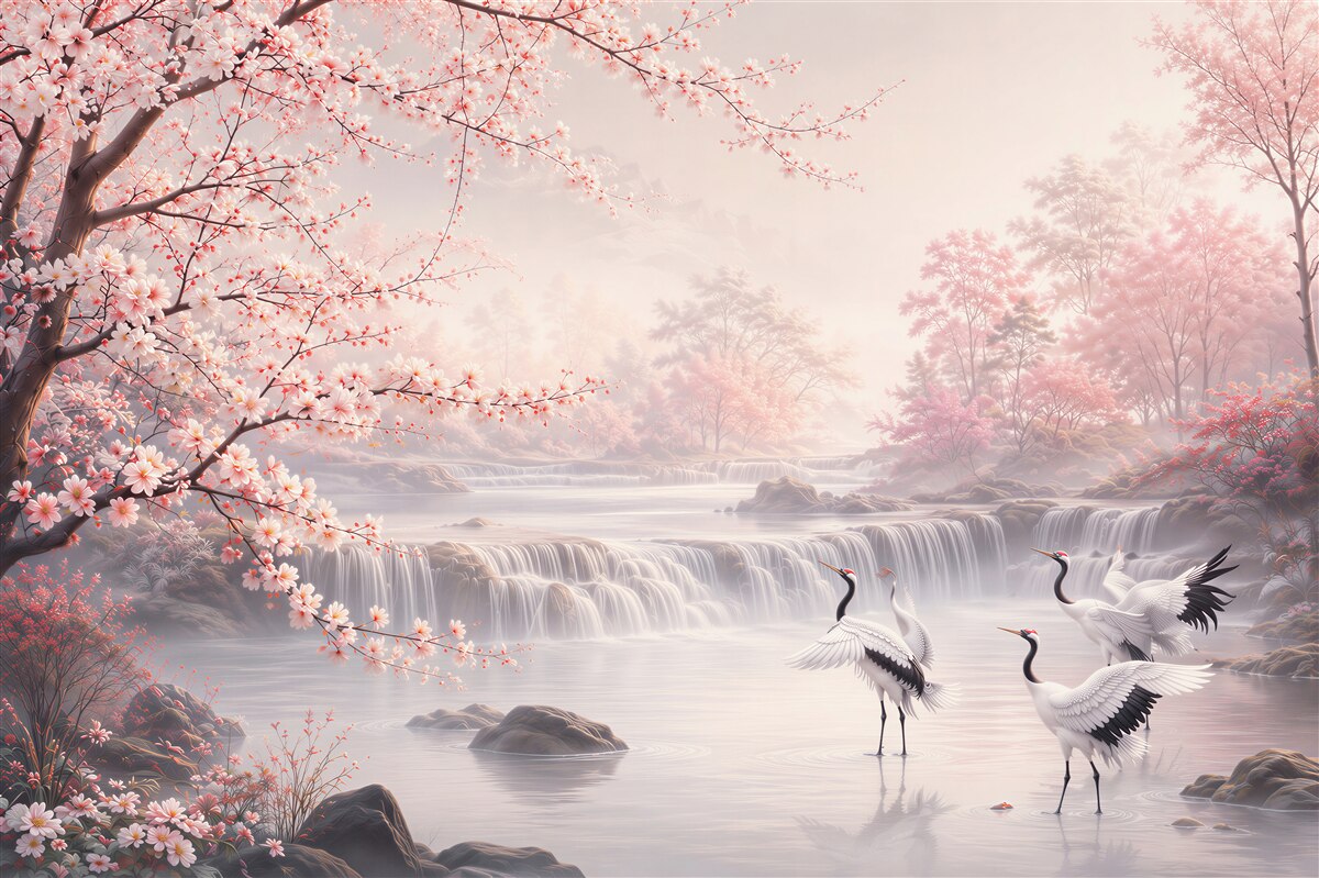 Fototapeten blühende Kirschbäume und Kraniche über einem Wasserfall in pastellrosa