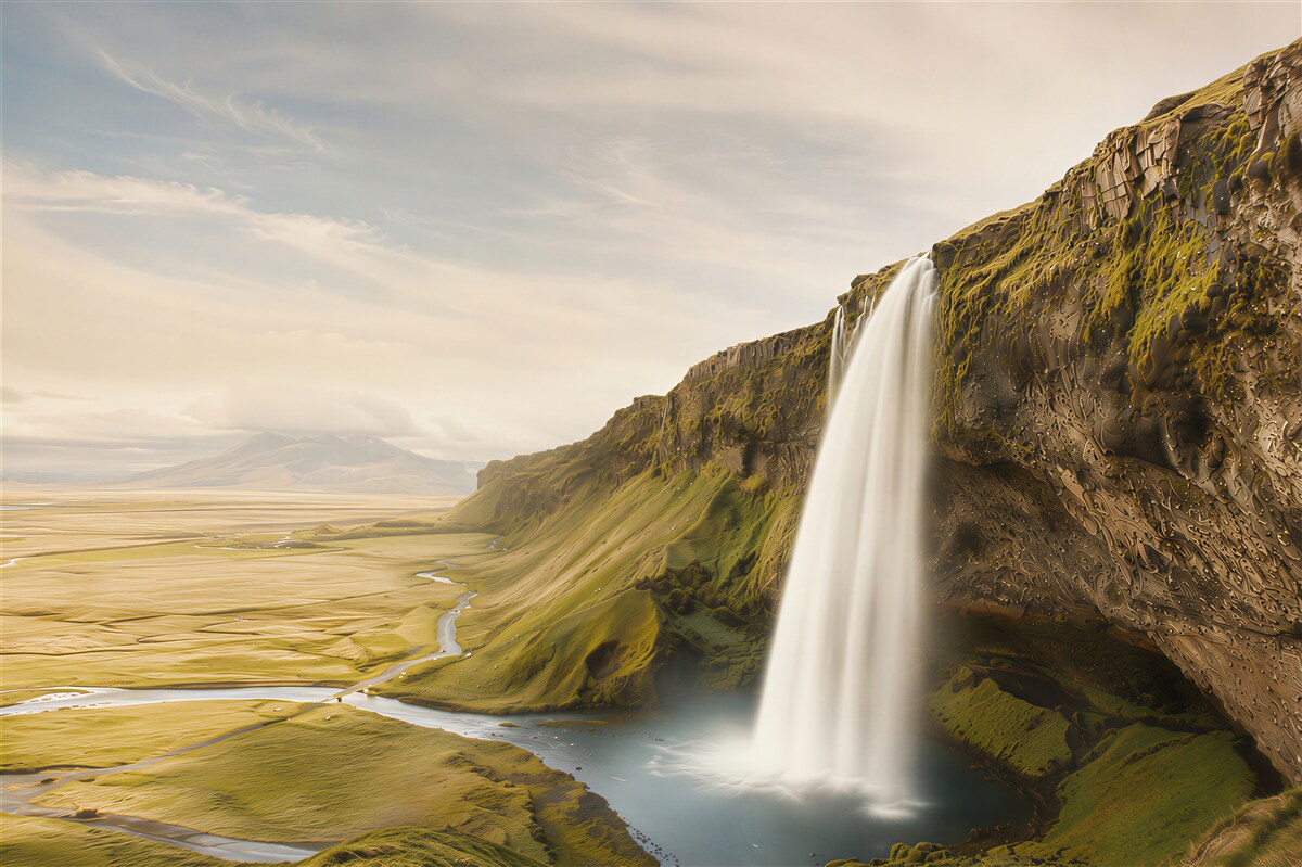Fototapeten Wasserfall an einer Klippe mit einem weiten Tal ruhige Landschaft