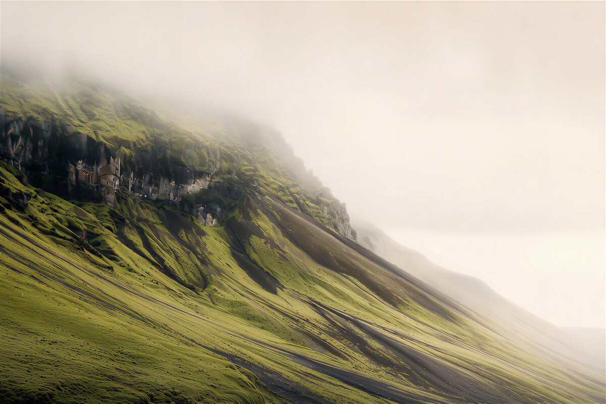 Fototapeten Nebeliger grüner Hügel mit steilem Hang minimalistisches Landschaftsbild