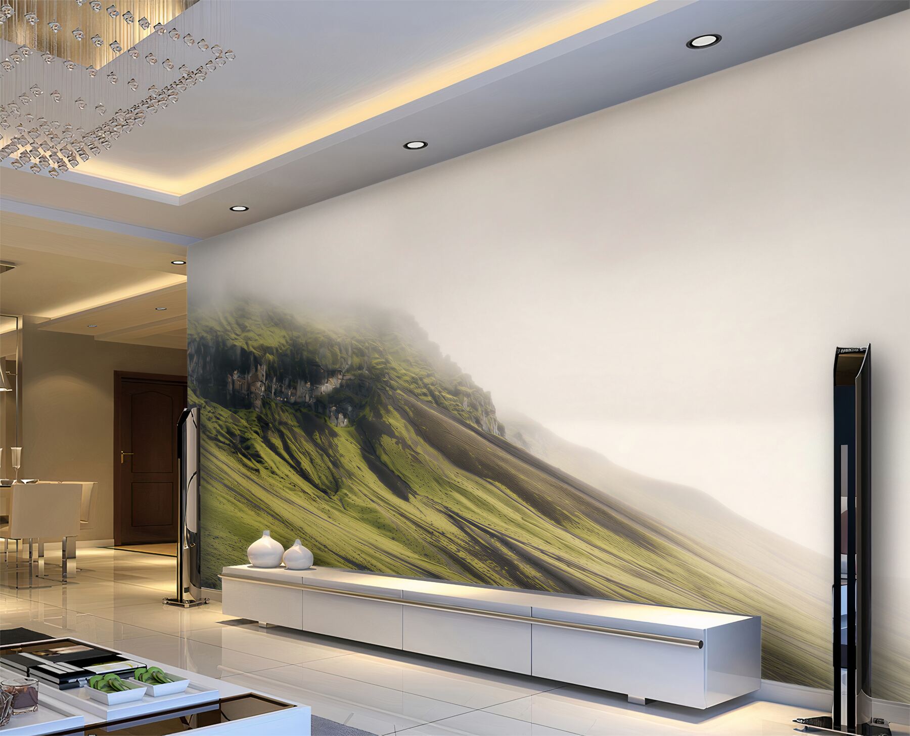 Fototapeten Nebeliger grüner Hügel mit steilem Hang minimalistisches Landschaftsbild