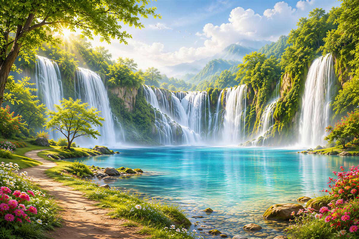 Fototapeten Wasserfälle im tropischen Wald über einem türkisfarbenen See