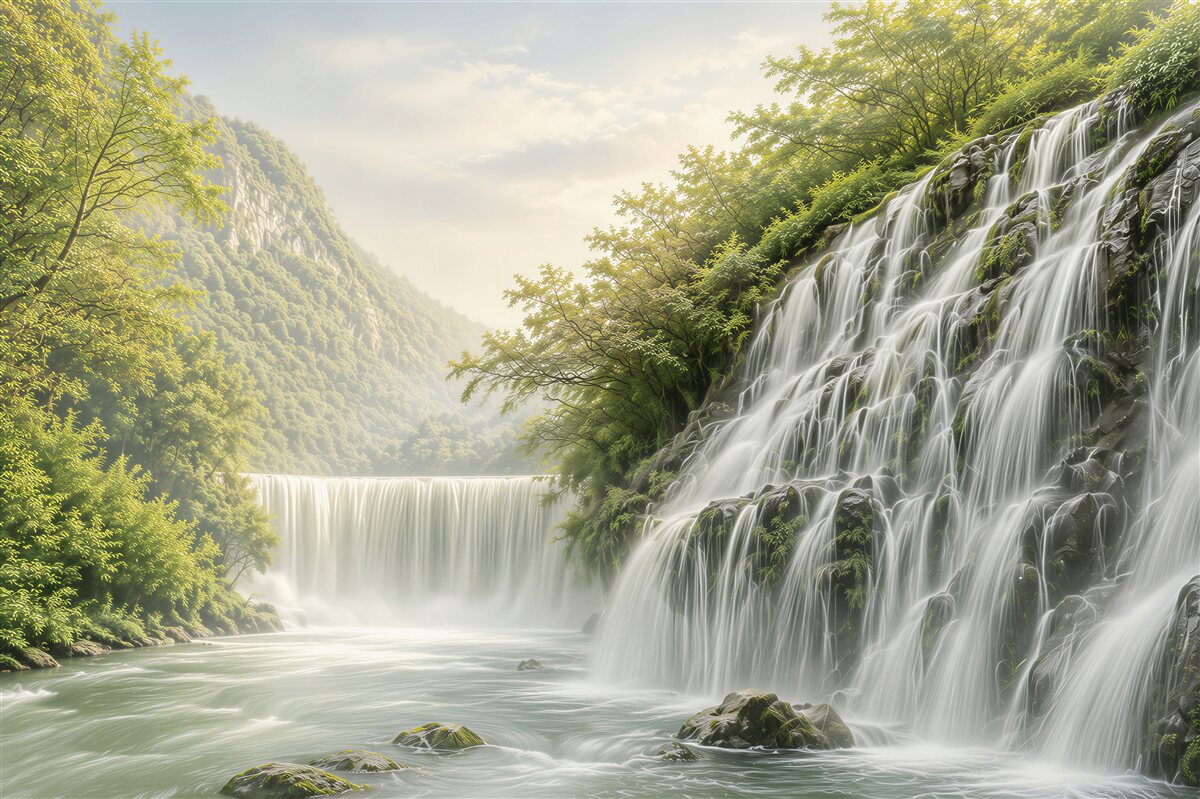 Fototapeten kaskadierende Wasserfälle im grünen Tal entspannende Landschaft