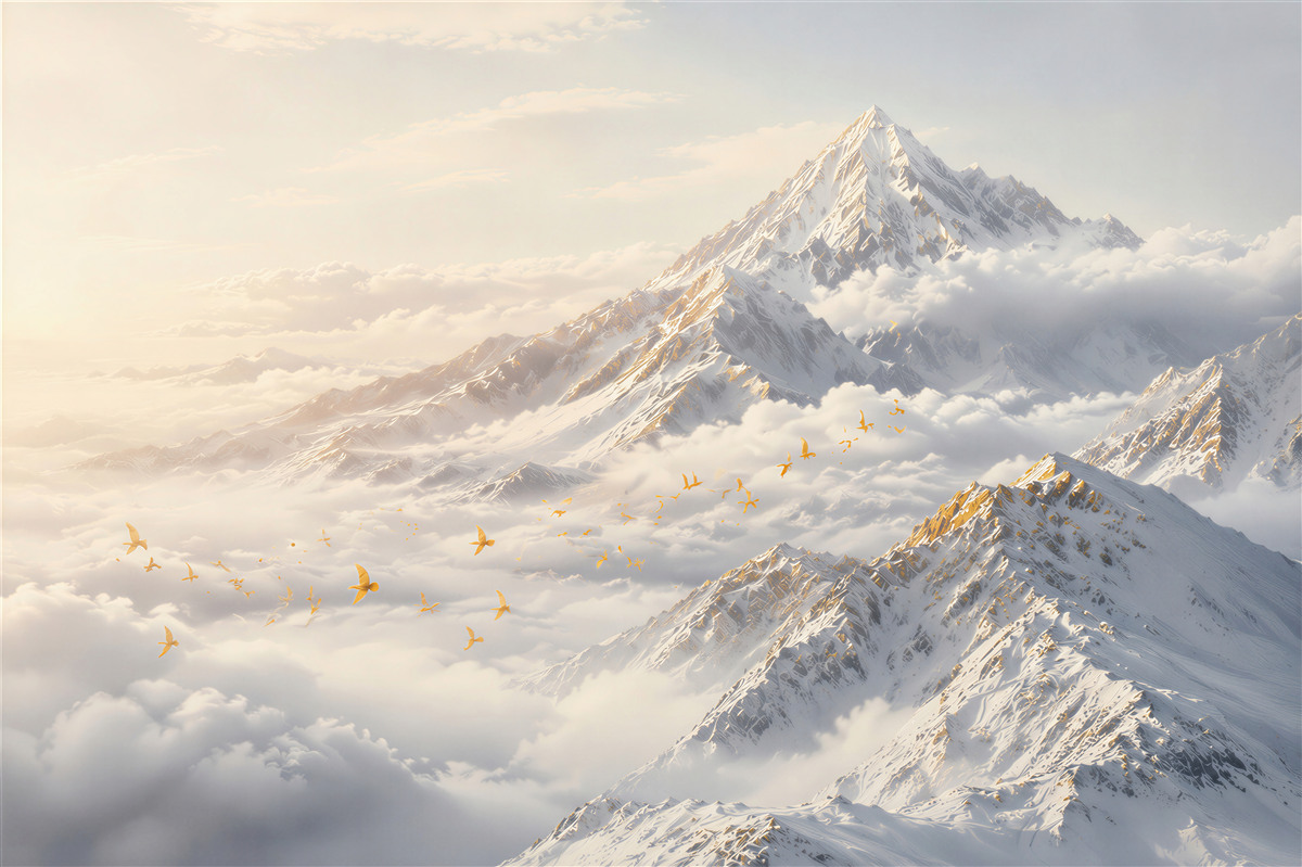 Fototapeten Verschneite Berge über den Wolken im goldenen Licht