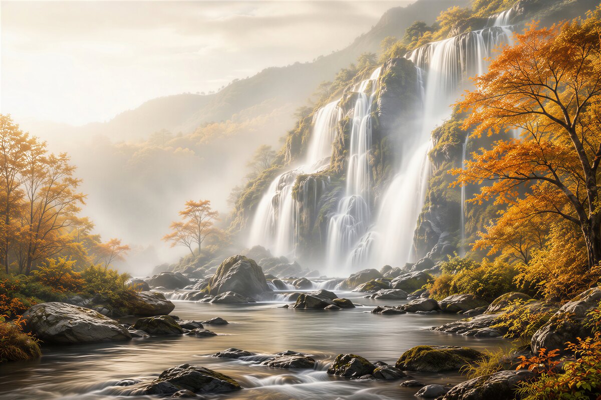 Fototapeten majestätischer Wasserfall in herbstlicher Szenerie mit Nebel und Fluss