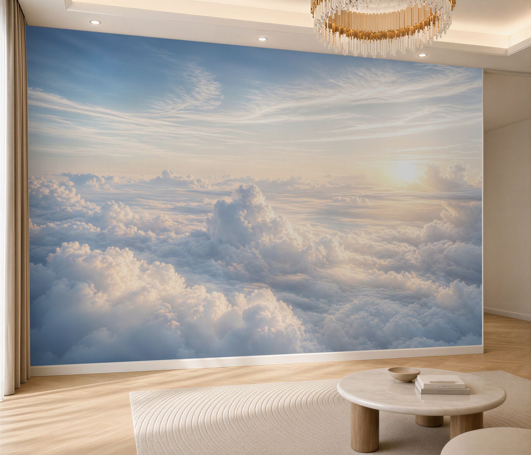 Fototapeten weiße Wolken und blauer Himmel mit Sonne ruhige Abstraktion