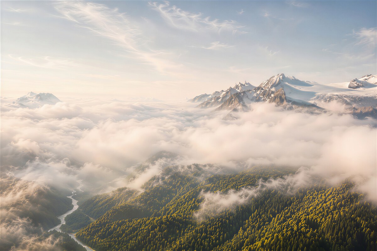 Fototapeten Berge über den Wolken bei Tagesanbruch für ein modernes Wohnzimmer