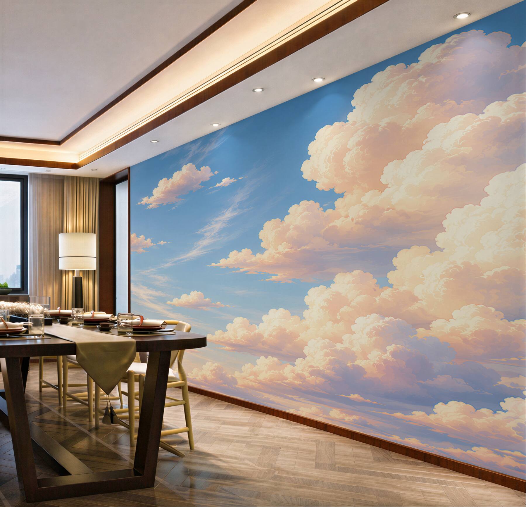 Fototapeten pastellfarbene Wolken auf blauem Himmel für das Schlafzimmer
