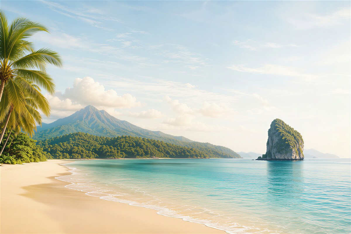 Fototapeten traumhafter Strand mit Palme, türkisfarbenem Meer und Berg im Hintergrund