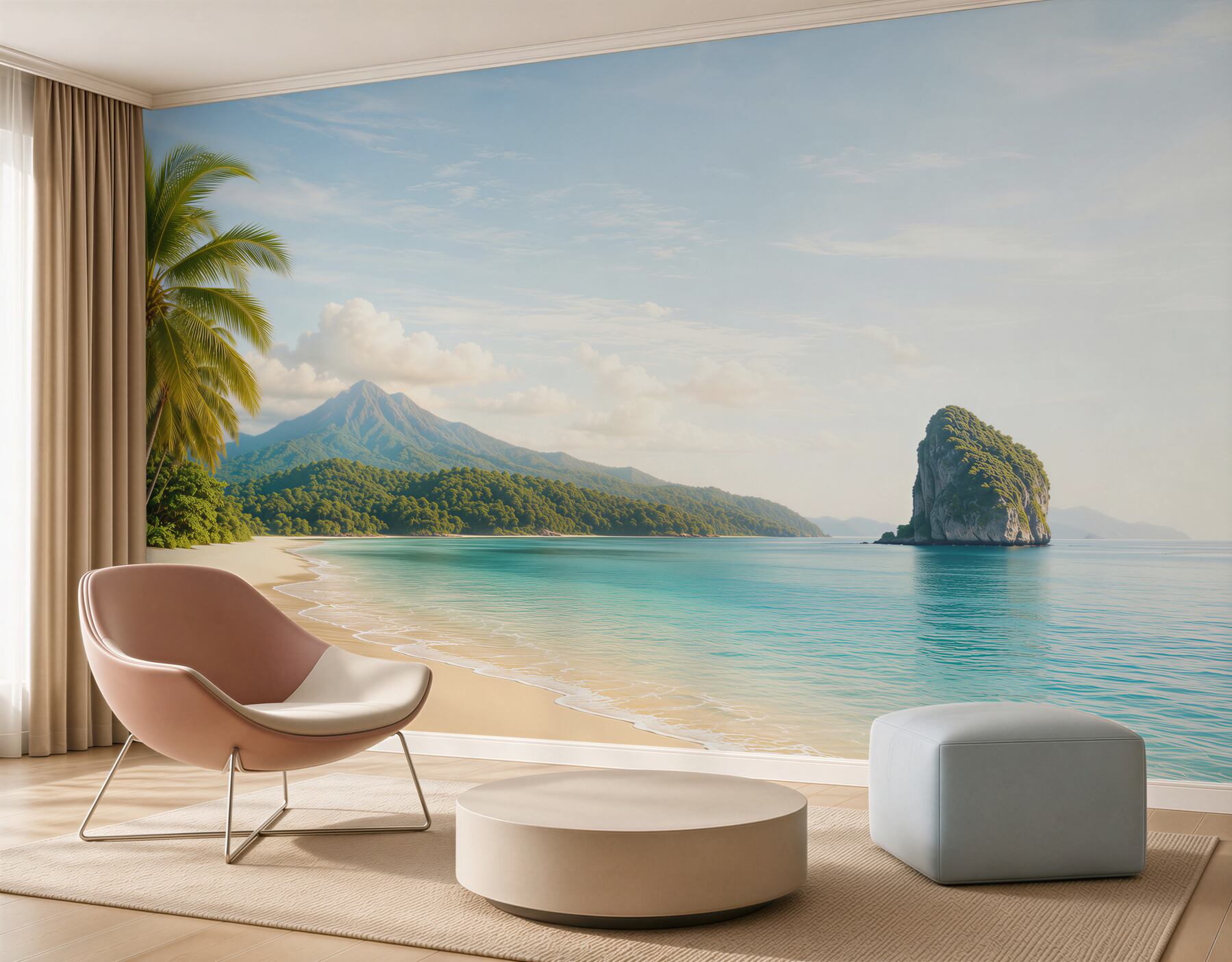 Fototapeten traumhafter Strand mit Palme, türkisfarbenem Meer und Berg im Hintergrund