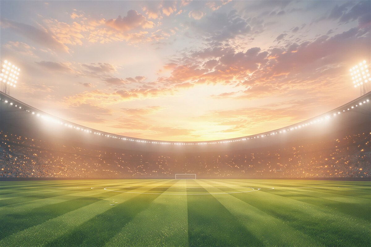 Fototapeten Fußballstadion bei Sonnenuntergang mit grünem Rasen