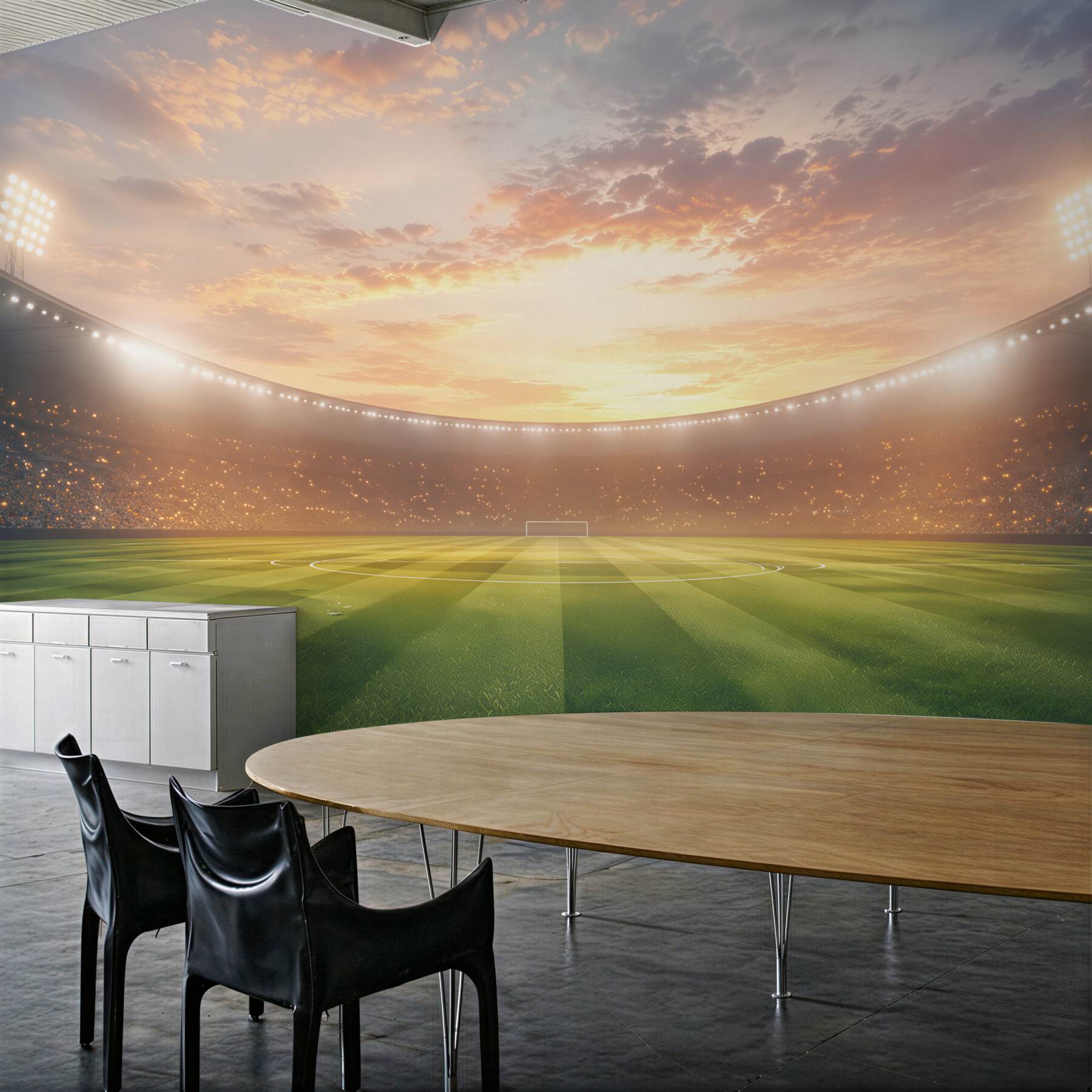 Fototapeten Fußballstadion bei Sonnenuntergang mit grünem Rasen