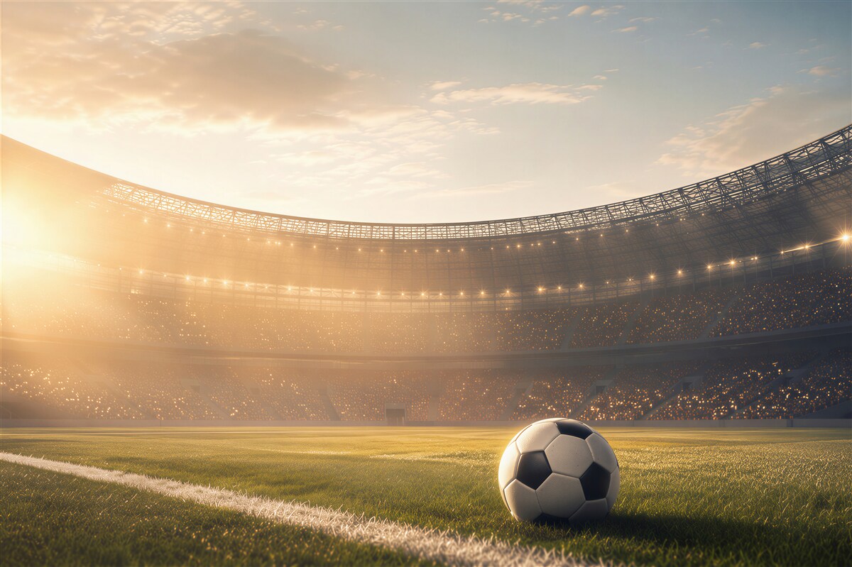 Fototapeten Fußball im Stadion bei Sonnenuntergang sportlich