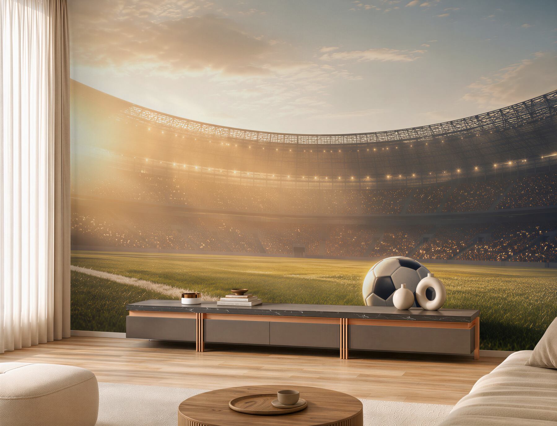 Fototapeten Fußball im Stadion bei Sonnenuntergang sportlich