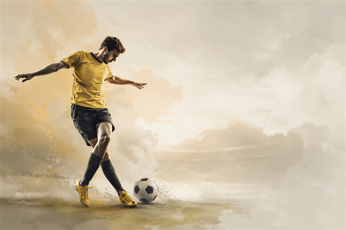 Fototapeten Fußballspieler mit Ball dynamisch beige-gold für das Jugendzimmer