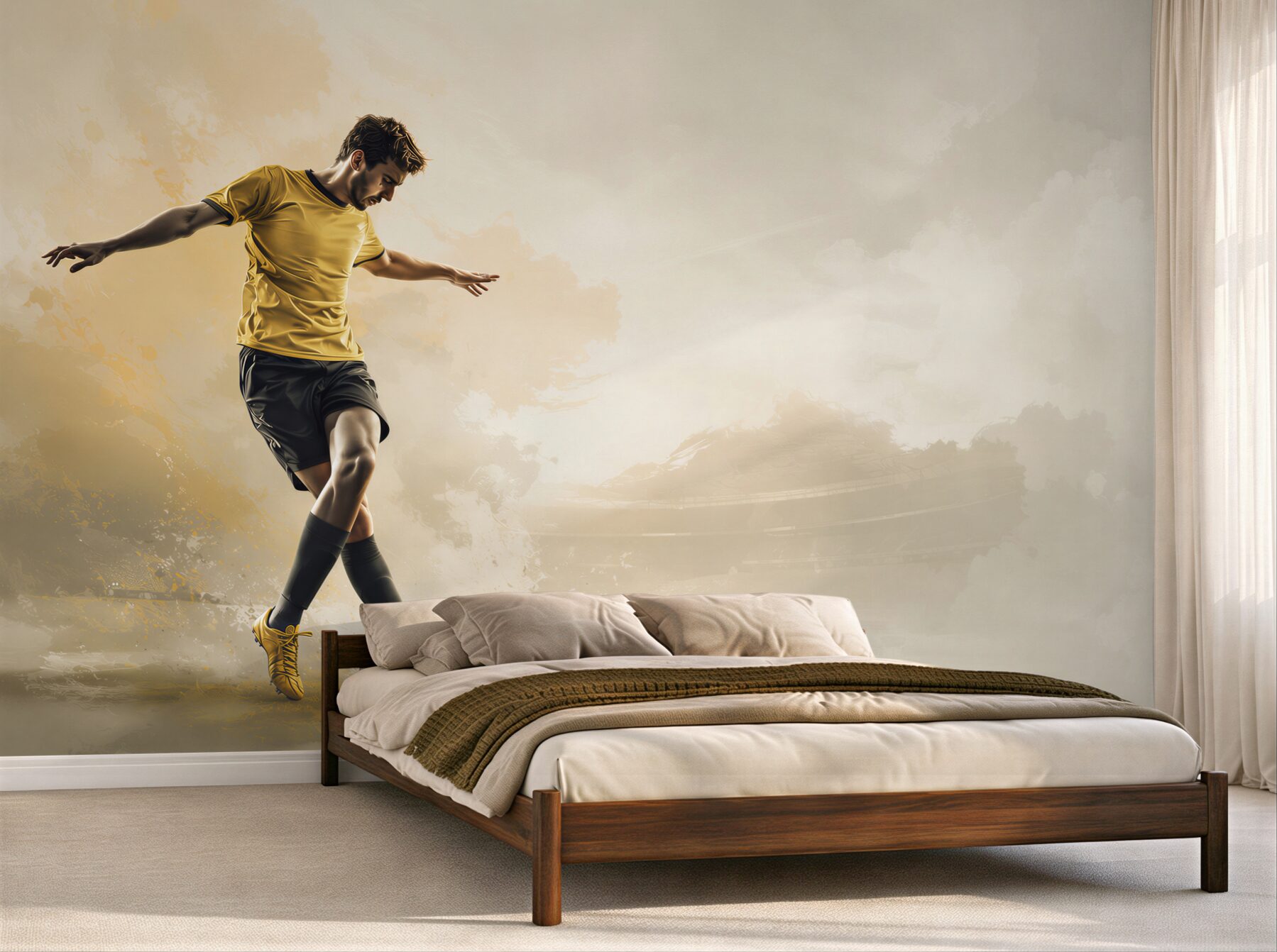 Fototapeten Fußballspieler mit Ball dynamisch beige-gold für das Jugendzimmer