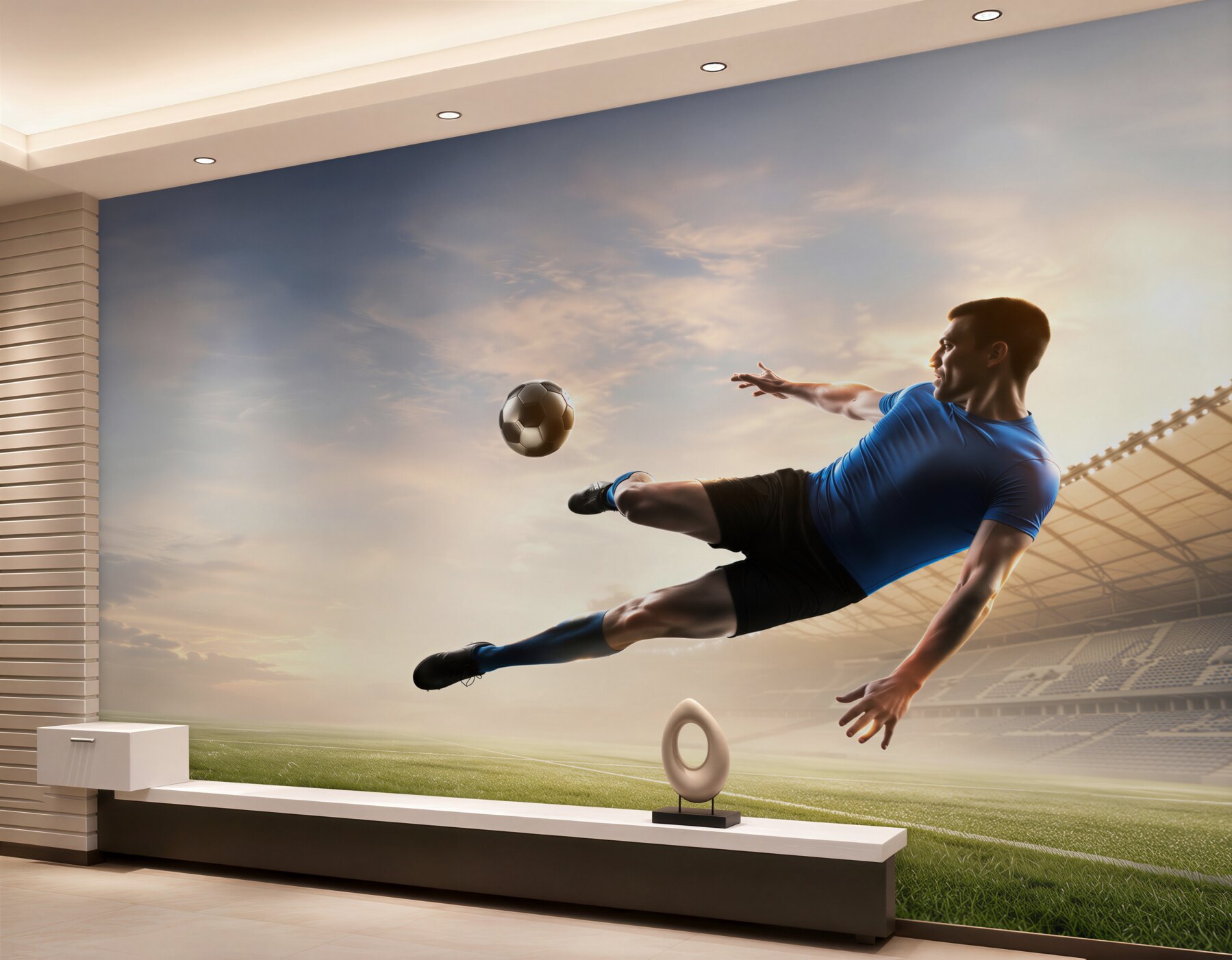 Fototapeten Fußballspieler in der Luft im Stadion dynamisch für das Jugendzimmer
