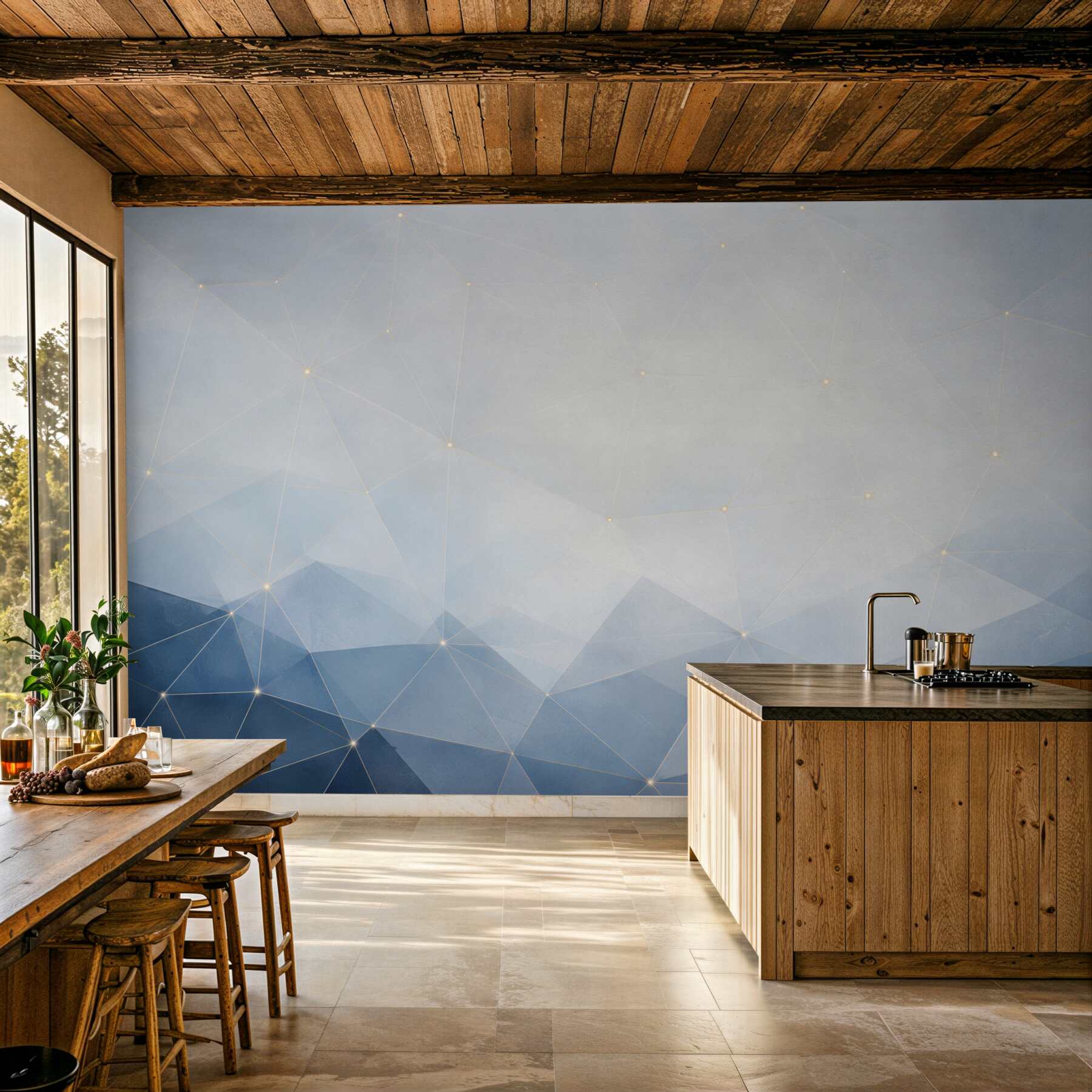 Fototapeten geometrische blaue Abstraktion mit zarter goldener Linie modern