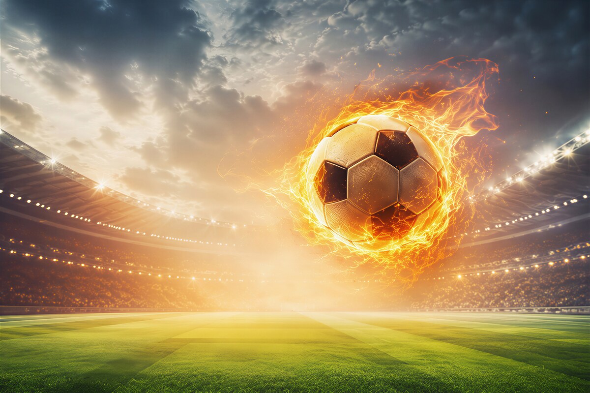 Fototapeten brennender Fußball im Stadion dynamisch sportlich