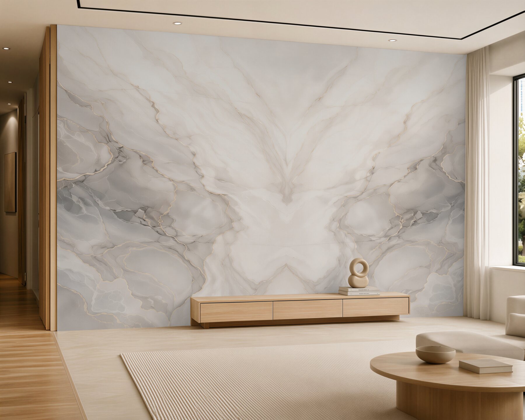 Fototapeten symmetrischer weißer grauer Marmor mit goldenen Adern